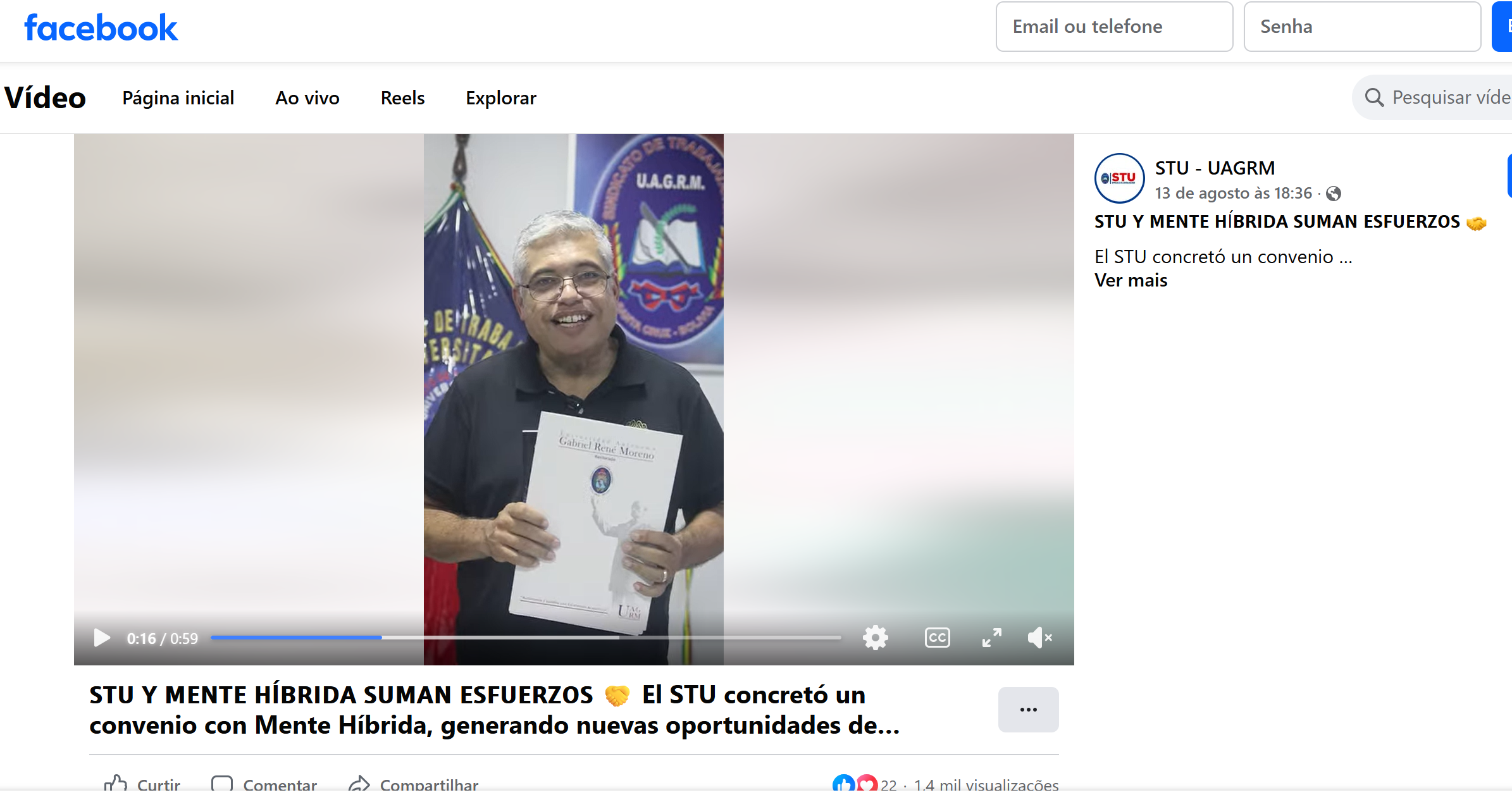 Captura do vídeo de Adriano Ferreira apresentando o documento do convênio STU–UAGRM